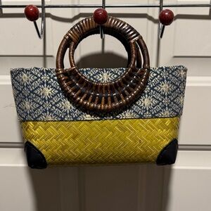 Stylish Yellow and Blue Handbag with Wooden Handles